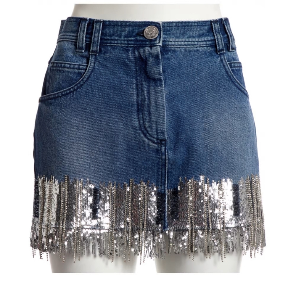 Balmain Blue Denim Mini Skirt with Silver Sequin Fringe